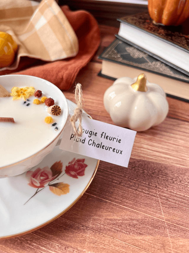 🍁 Bougie Plaid chaleureux - tasse à thé "roses d'automne" avec sous-tasse