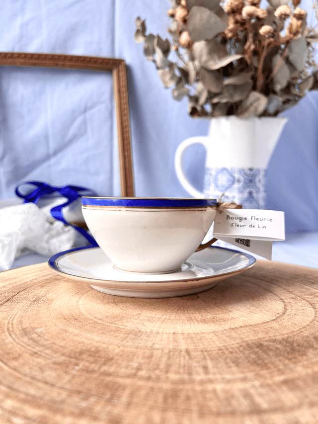 💙 Bougie Fleur de Lin - tasse à thé "liseré bleu et or" en porcelaine avec sous tasse