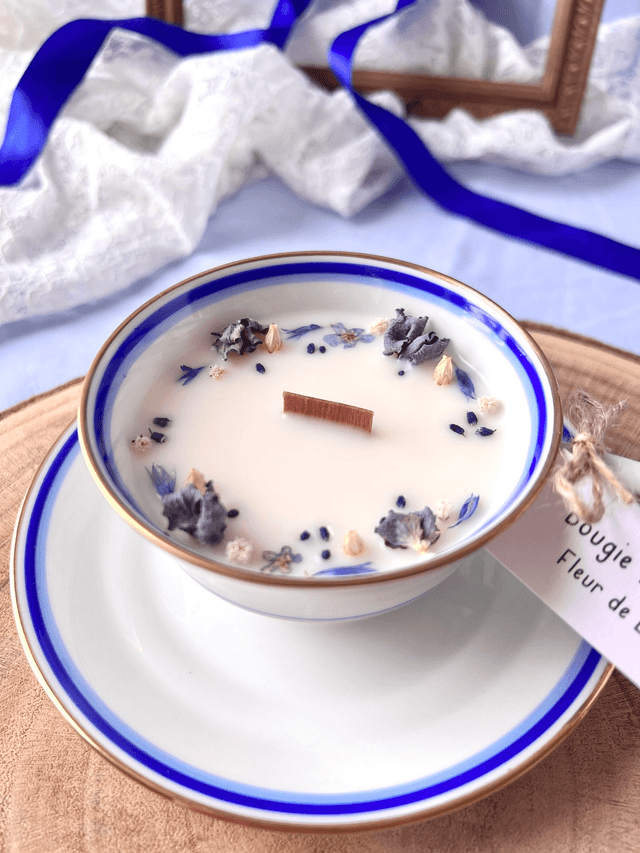 💙 Bougie Fleur de Lin - tasse à thé "double liseré" en porcelaine avec sous tasse