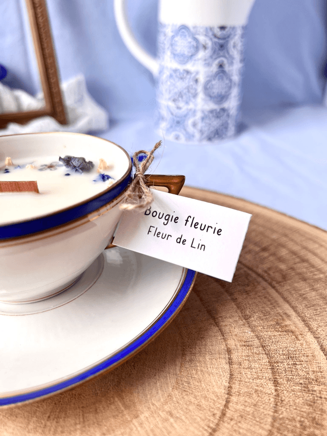 💙 Bougie Fleur de Lin - tasse à thé "liseré bleu et or" en porcelaine avec sous tasse