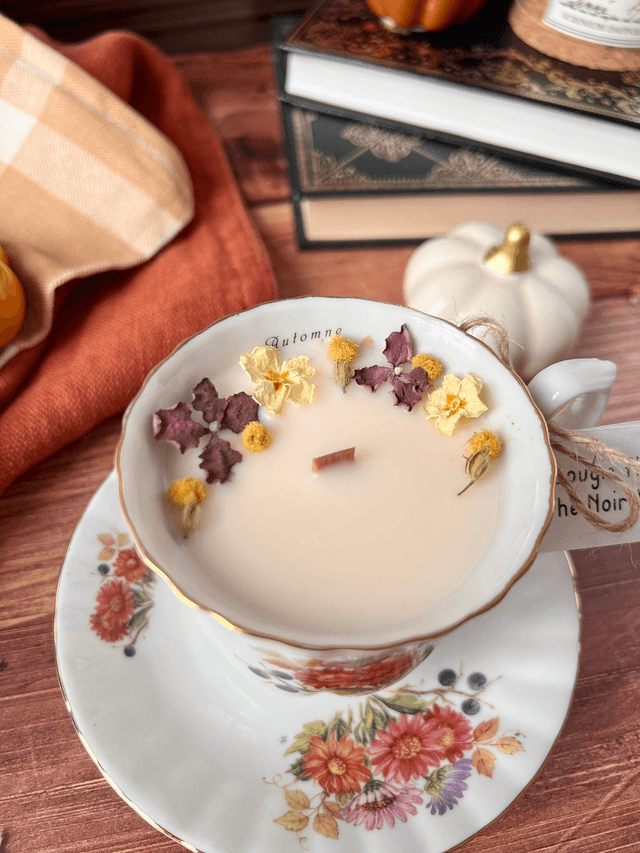 🍁 Bougie Thé noir vanille - tasse à café "Automne" avec sous-tasse