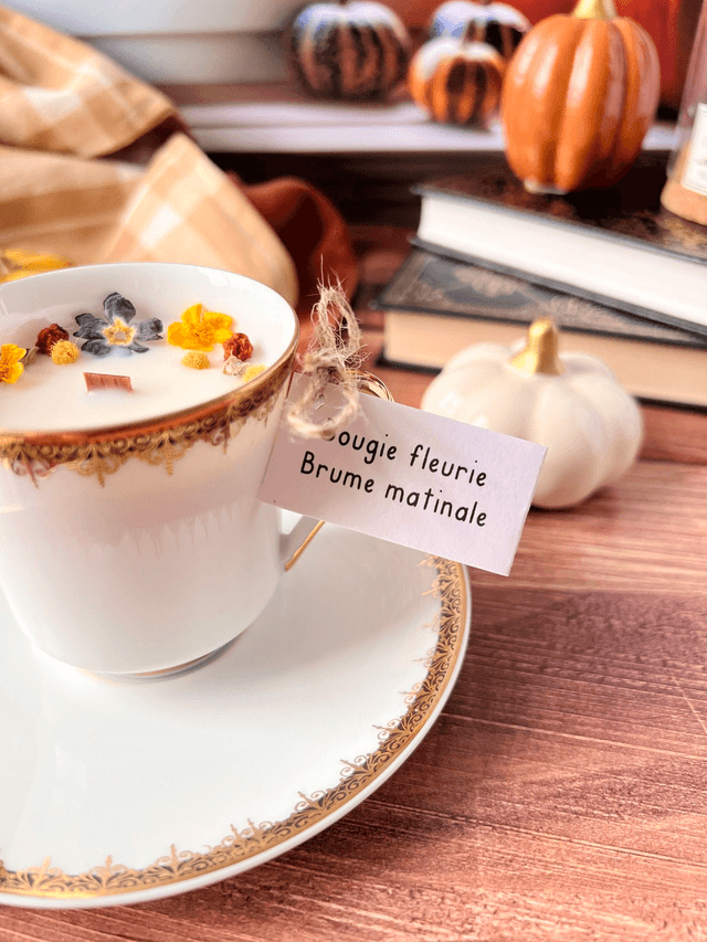 🍁 Bougie Brume matinale - tasse à café "frise or et liseré noir" avec sous-tasse