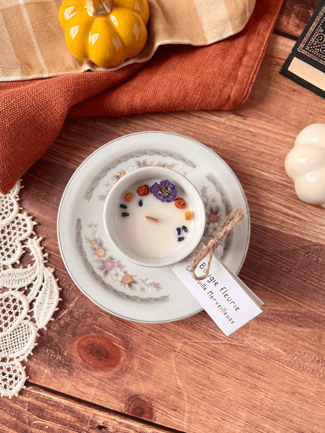 🍁 Bougie Citrouille merveilleuse - tasse à café "fleurs d'automne" avec sous-tasse