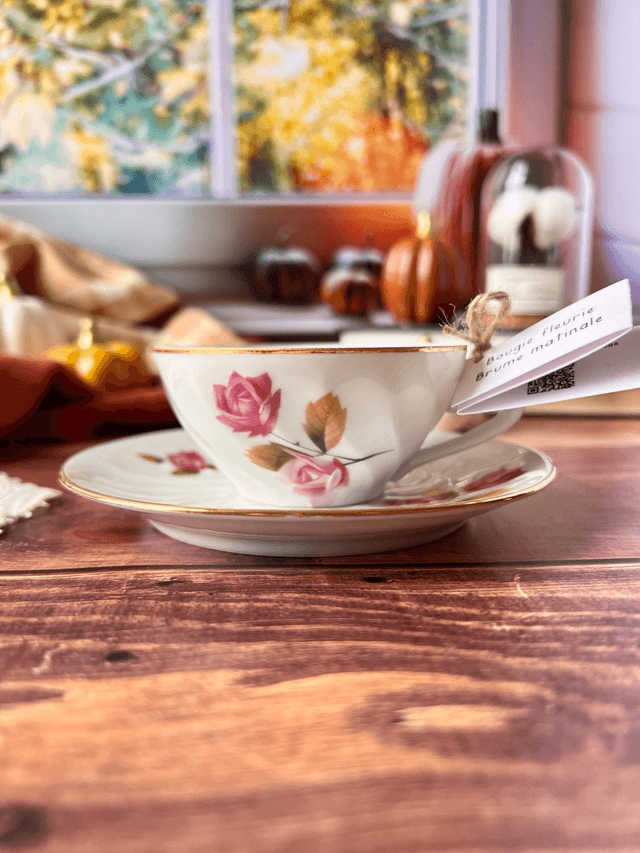 🍁 Bougie Brume matinale - tasse à thé "roses d'automne" avec sous-tasse