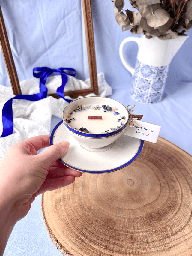 💙 Bougie Fleur de Lin - tasse à thé "liseré bleu et or" en porcelaine avec sous tasse