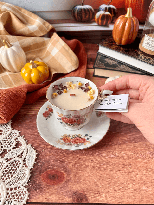 🍁 Bougie Thé noir vanille - tasse à café "Automne" avec sous-tasse