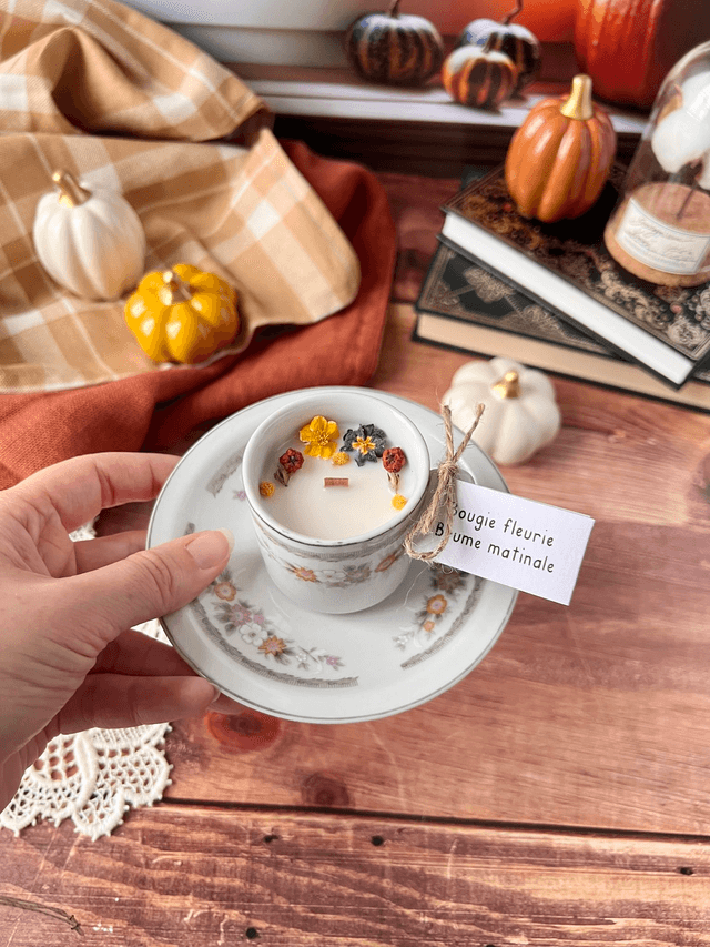🍁 Bougie Brume matinale - tasse à café "fleurs d'automne" avec sous-tasse