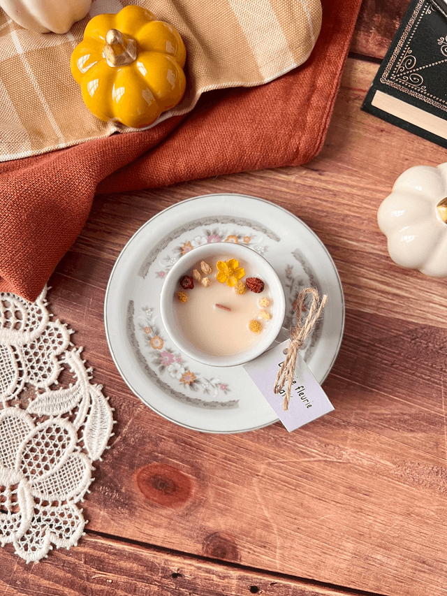 🍁 Bougie Café - tasse à café "fleurs d'automne" avec sous-tasse
