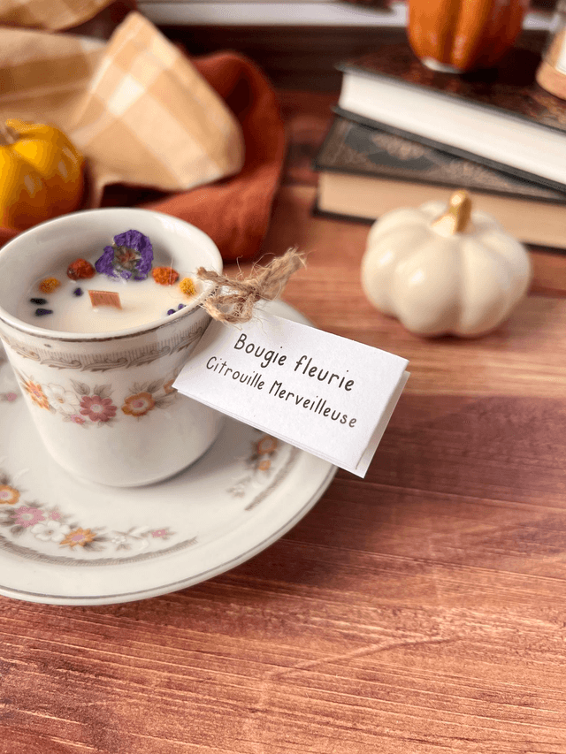 🍁 Bougie Citrouille merveilleuse - tasse à café "fleurs d'automne" avec sous-tasse