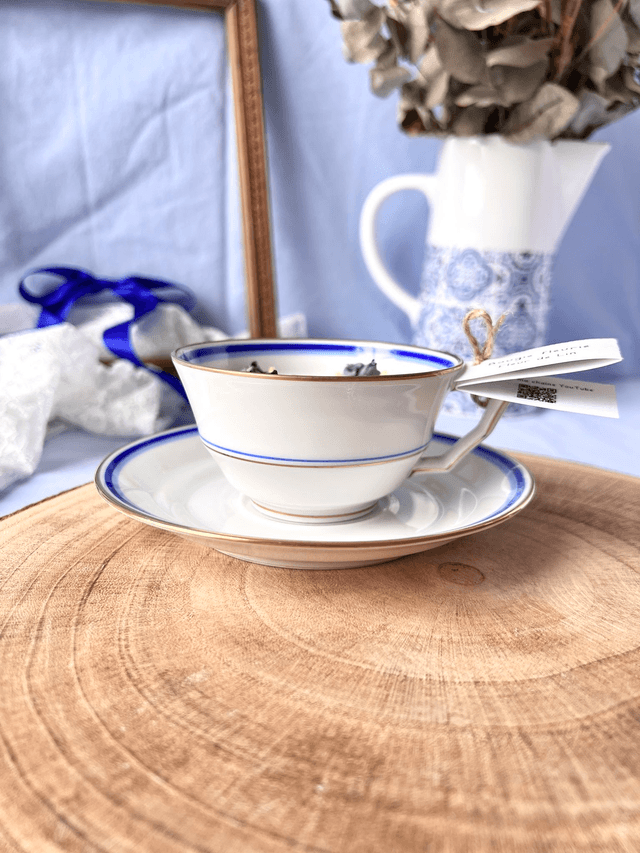 💙 Bougie Fleur de Lin - tasse à thé "double liseré" en porcelaine avec sous tasse