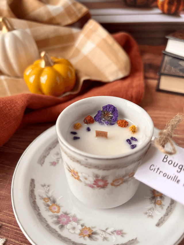 🍁 Bougie Citrouille merveilleuse - tasse à café "fleurs d'automne" avec sous-tasse