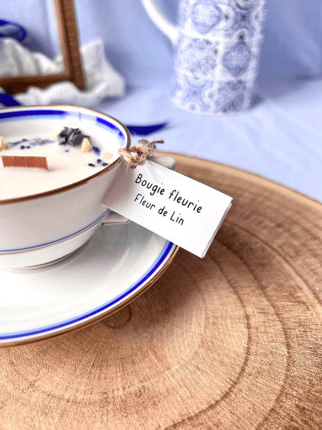 💙 Bougie Fleur de Lin - tasse à thé "double liseré" en porcelaine avec sous tasse