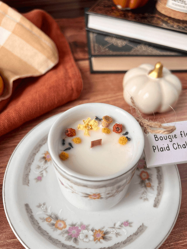 🍁 Bougie Plaid chaleureux - tasse à café "fleurs d'automne" avec sous-tasse