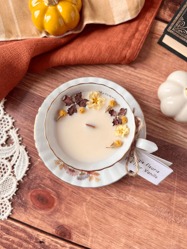 🍁 Bougie Thé noir vanille - tasse à café "Automne" avec sous-tasse