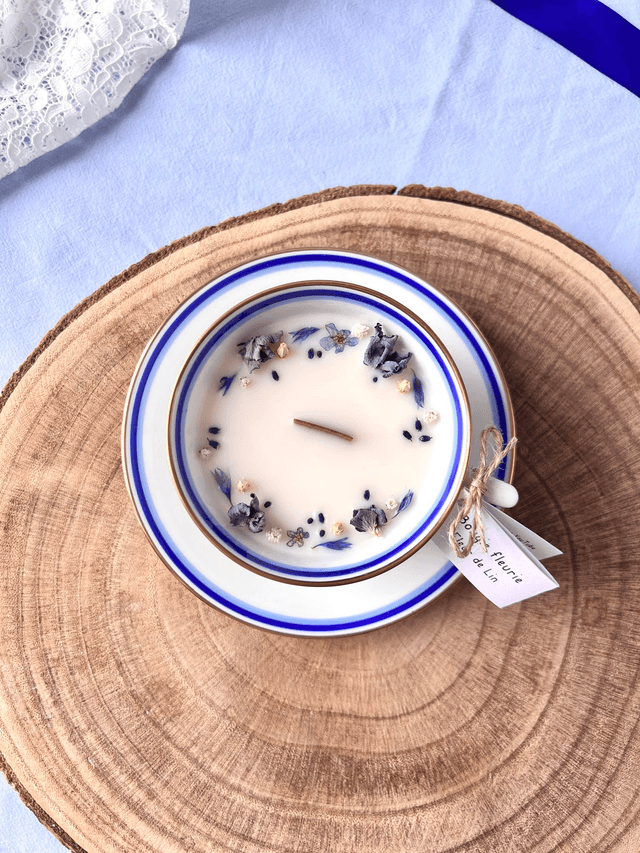 💙 Bougie Fleur de Lin - tasse à thé "double liseré" en porcelaine avec sous tasse