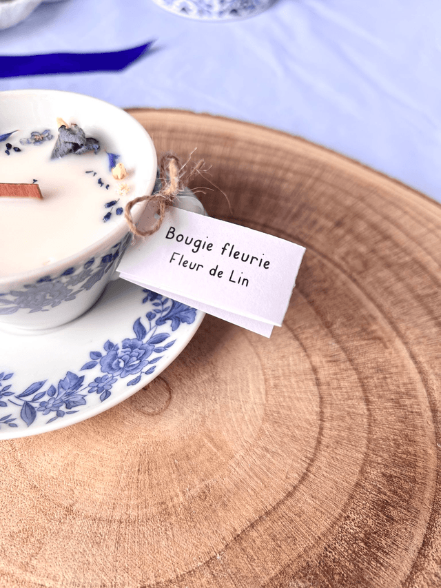 💙 Bougie Fleur de Lin - tasse à café "frise fleurie" en porcelaine avec sous tasse