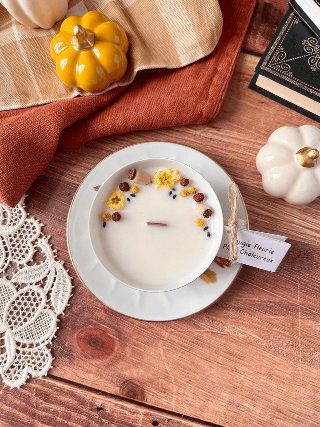 🍁 Bougie Plaid chaleureux - tasse à thé "roses d'automne" avec sous-tasse