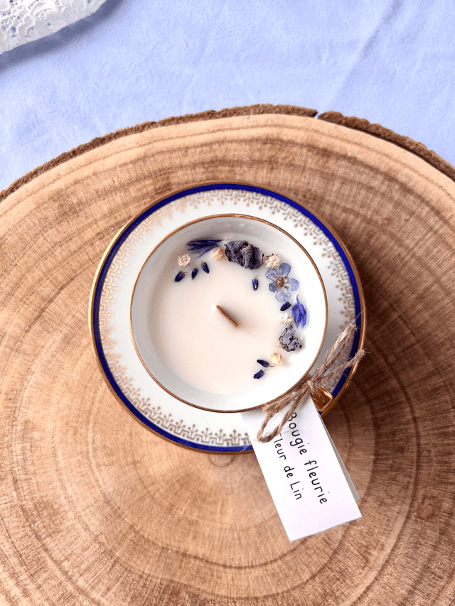 💙 Bougie Fleur de Lin - tasse à café "frise or et liseré bleu" en porcelaine avec sous tasse