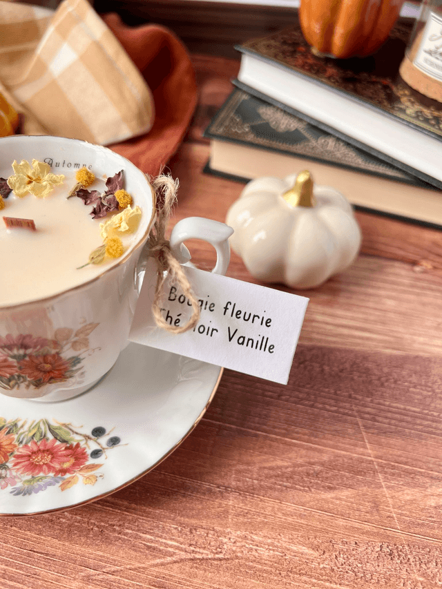 🍁 Bougie Thé noir vanille - tasse à café "Automne" avec sous-tasse