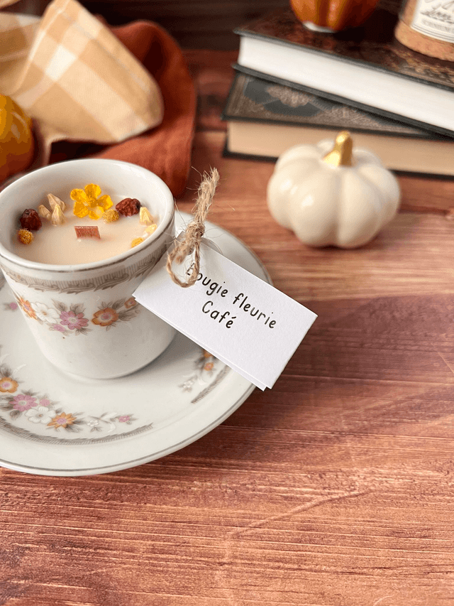 🍁 Bougie Café - tasse à café "fleurs d'automne" avec sous-tasse