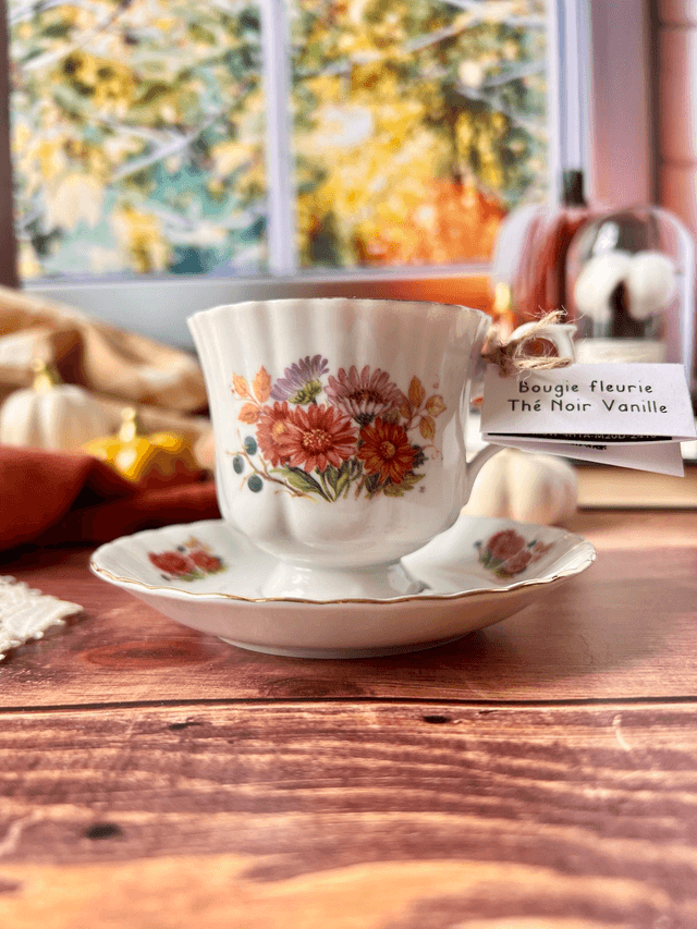 🍁 Bougie Thé noir vanille - tasse à café "Automne" avec sous-tasse