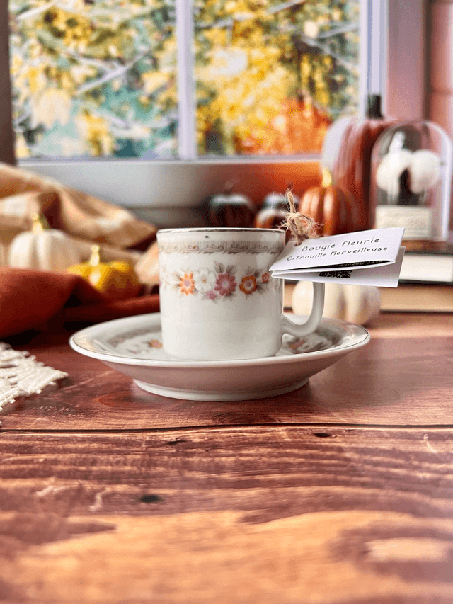 🍁 Bougie Citrouille merveilleuse - tasse à café "fleurs d'automne" avec sous-tasse