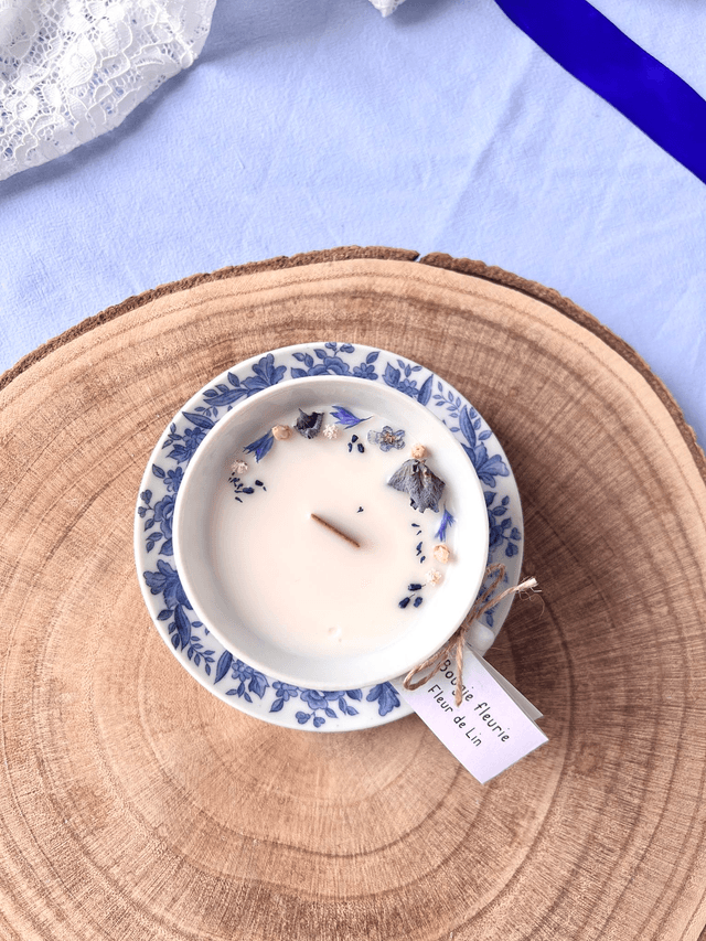 💙 Bougie Fleur de Lin - tasse à café "frise fleurie" en porcelaine avec sous tasse