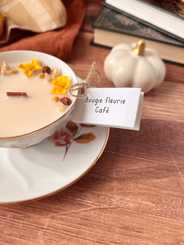 🍁 Bougie Café - tasse à thé "roses d'automne" avec sous-tasse