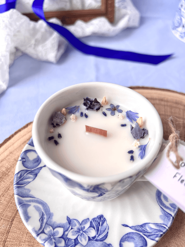 💙 Bougie Fleur de Lin - tasse à café "fruits" en porcelaine avec sous tasse