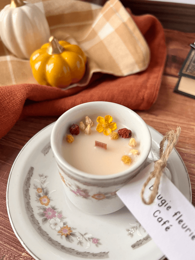 🍁 Bougie Café - tasse à café "fleurs d'automne" avec sous-tasse