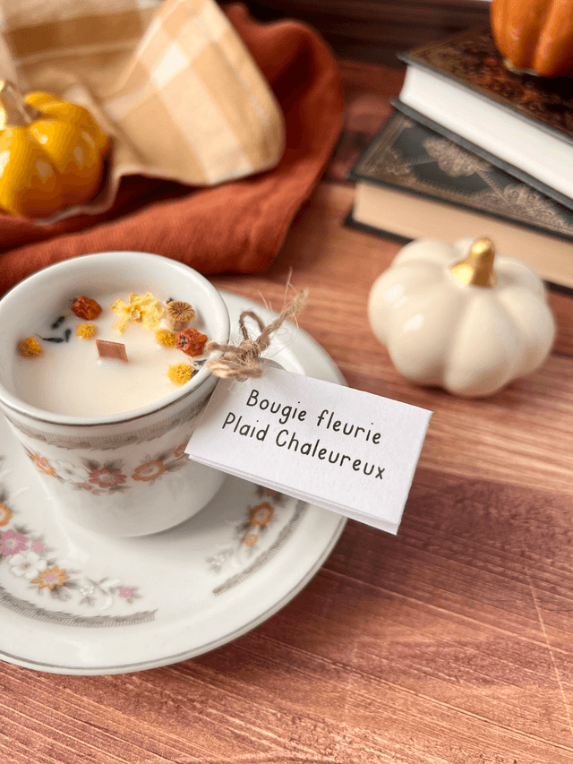 🍁 Bougie Plaid chaleureux - tasse à café "fleurs d'automne" avec sous-tasse