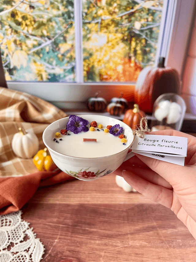 🍁 Bougie Citrouille merveilleuse - tasse à thé "chrysanthème"