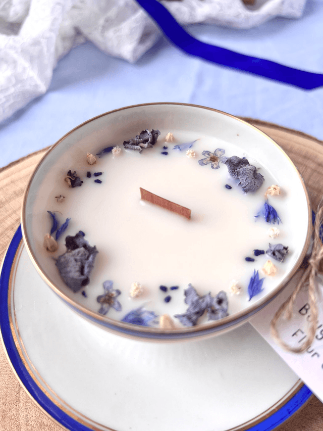 💙 Bougie Fleur de Lin - tasse à thé "liseré bleu et or" en porcelaine avec sous tasse