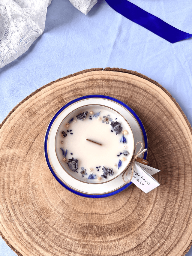💙 Bougie Fleur de Lin - tasse à thé "liseré bleu et or" en porcelaine avec sous tasse