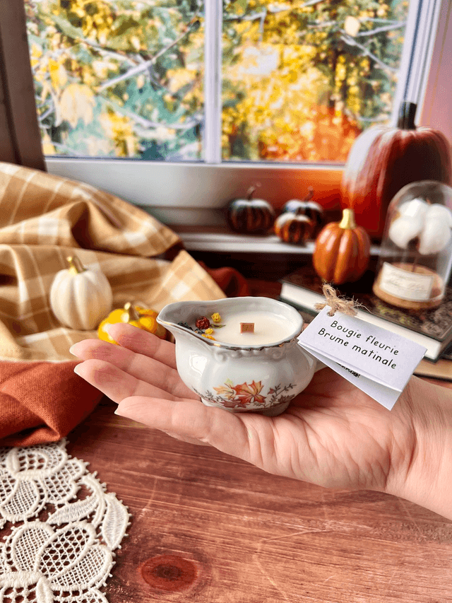 🍁 Bougie Brume matinale - mini pot à lait "feuilles d'automne"