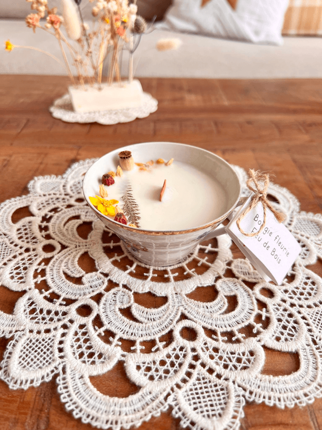 Bougie Feu de bois - tasse à thé &quot;bouquets&quot;