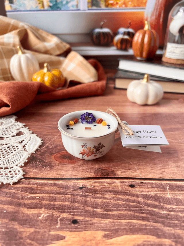 🍁 Bougie Citrouille merveilleuse - mini tasse à café &quot;feuilles d&#039;automne&quot;