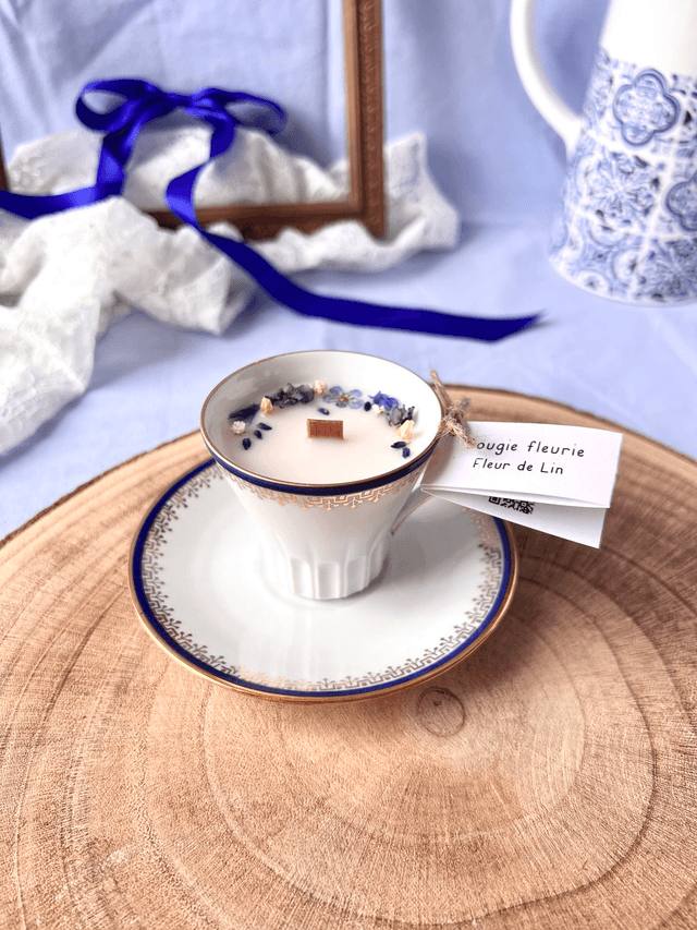 💙 Bougie Fleur de Lin - tasse à café &quot;frise or et liseré bleu&quot; en porcelaine avec sous tasse