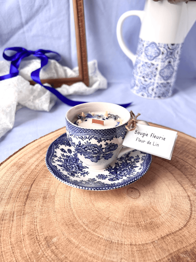 💙 Bougie Fleur de Lin - tasse à café &quot;dentelle&quot; en porcelaine avec sous tasse