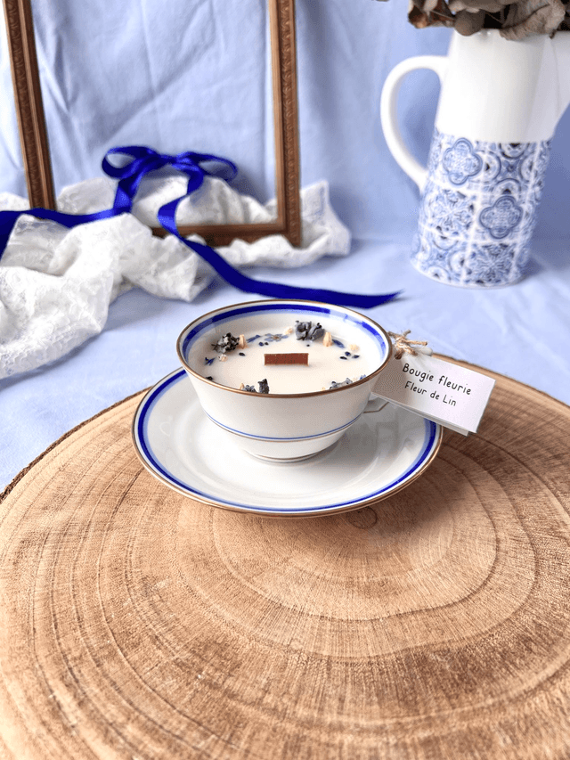 💙 Bougie Fleur de Lin - tasse à thé &quot;double liseré&quot; en porcelaine avec sous tasse