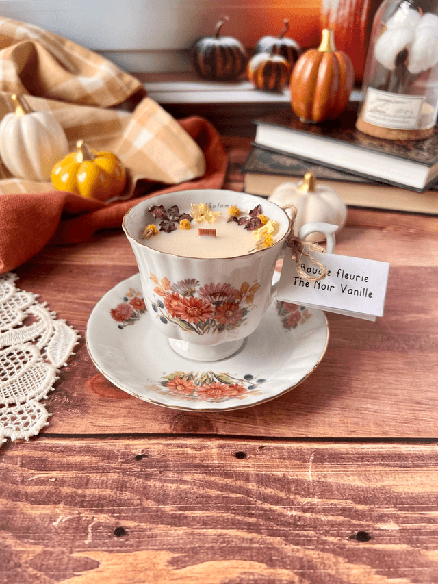 🍁 Bougie Thé noir vanille - tasse à café &quot;Automne&quot; avec sous-tasse