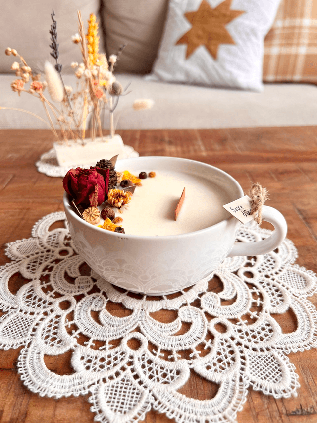 ✨ Bougie Sucre d&#039;orge - grande tasse à thé &quot;blanche&quot;